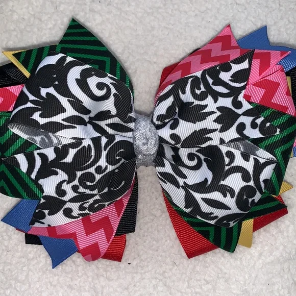 Big Multi Color Hairbow Bow OTT Custom Made Black White Pink Green EUC - Picture 12 of 12